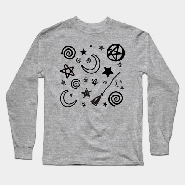 Blessed Be, Broom Stick, Harm None, Pentacle, Spiral, Star… in black + white Long Sleeve T-Shirt by drumweaver